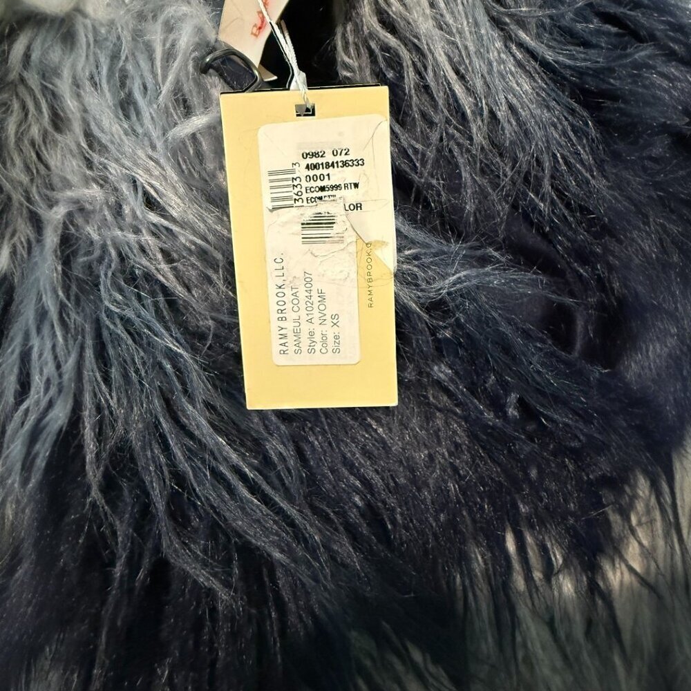Ramy Brook Striped Faux Fur Coat | Navy Ombre Gray Samuel | Size XS - Picture 6 of 10